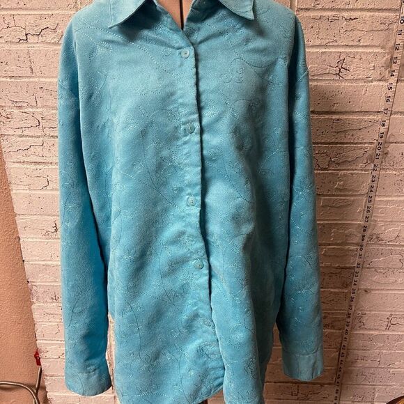 Vintage Good Clothes Teal Long Sleeve Embroidered Suede Shirt Large - Picture 1 of 11
